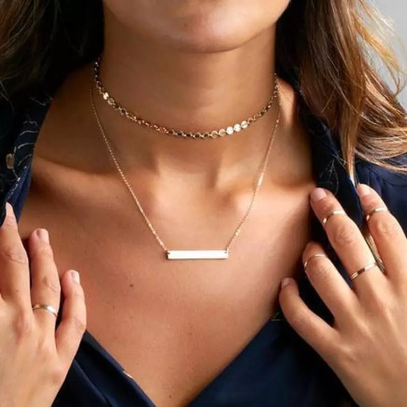Gold or Silver Bar Double Necklace Layered Chain - Picture 2 of 2
